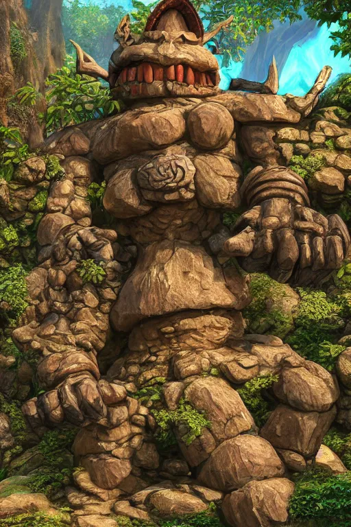 Image similar to zelda fantasy art giant golem troll wood rock greeble gemstone, global illumination ray tracing hdr fanart arstation by sung choi and eric pfeiffer and gabriel garza and casper konefal