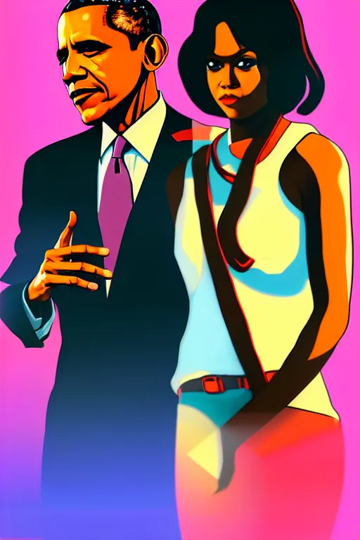 Image similar to obama and his daughter, gta vice city style art, pop art, no duplicate image, glowing lights, ultra details, digital painting, artstation, concept art, smooth, sharp focus, illustration, intecrate details, art by richard hamilton and mimmo rottela, pixels art by kirokaze and paul robertson