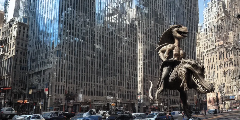 Image similar to Jesus riding on a dinosaur in downtown Manhattan