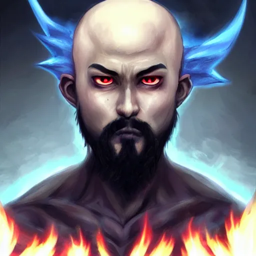 Image similar to full body anime style human in dragon form, bald, with a beard made of fire. fantasy style. very punk / alt aesthetic. wings and tail, a highly detailed, digital painting, artstation, concept art, matte, sharp focus, illustration, art by artgerm and greg rutkowski