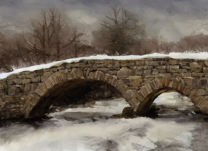 Image similar to watercolor of rustic stone bridge winter landscape, glistering, high detailed art by dennis miller bunker, work by anders zorn, wonderful masterpiece by greg rutkowski, beautiful cinematic light, american romanticism by greg manchess, creation by tyler edlin