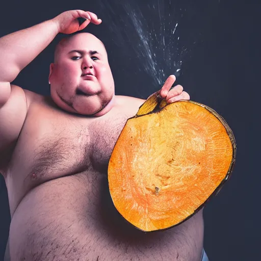 Prompt: a dramatic photo of a slightly fat man smashing a giant yam