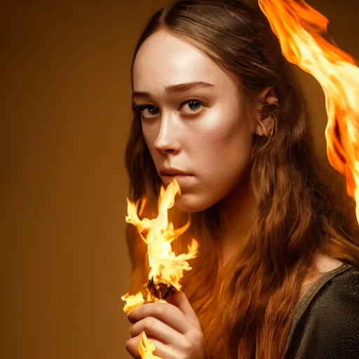 Image similar to portrait of alycia debnam carey as a pyromancer , aruze colour aura, dreamwalker, EOS R5, f/2.8, HDR, studio light, medium close shot, dynamic pose, award winning photograph, Michelangelo style