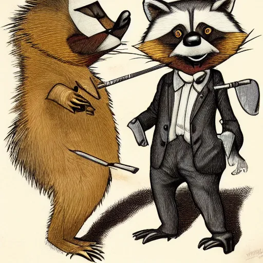 Prompt: two anthropomorphic raccoons arguing over the last chicken drumstick, raccoons wearing suits, fancy dinner, highly detailed, photorealistic