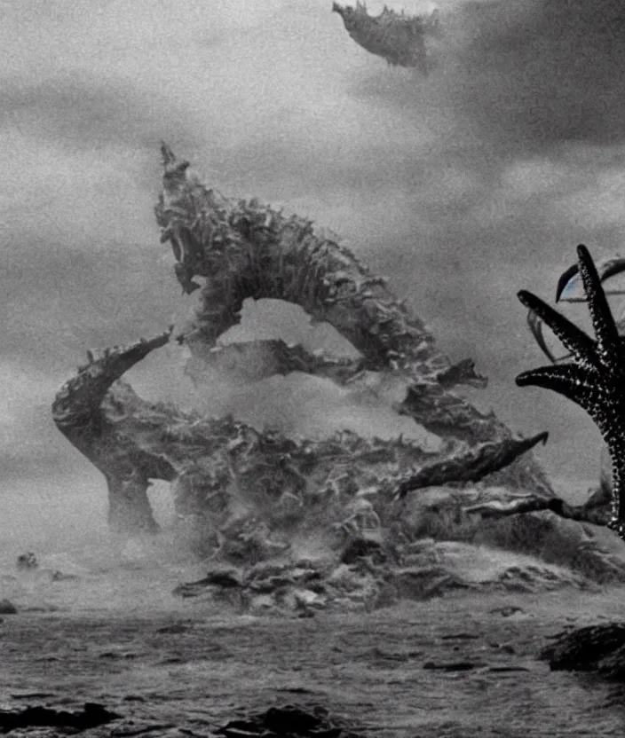 Image similar to a filmstill of a north korean monster movie, kaiju - eiga monster with starfish - arms trampling a traditional korean palace, foggy, film noir, epic battle, etheral, explosions, communist propaganda, communist epic thriller, by kim jong - il and akira kurosawa and tim burton, video compression