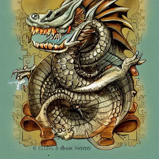 Image similar to a dragon with steam punk machine on it's side, book illustration, beatrix potter