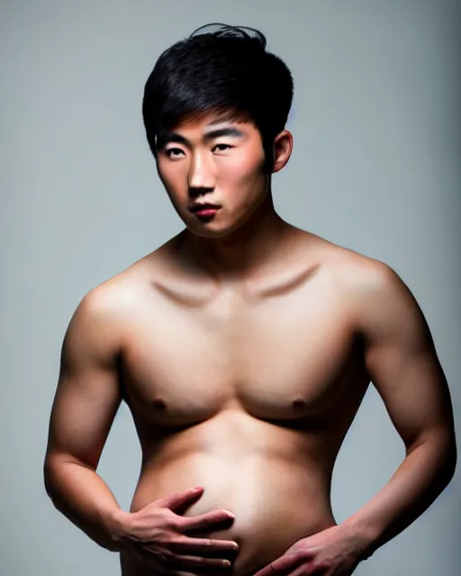 Prompt: Handsome!! young Asian male model showing off his large!!! pregnant!! belly, belly exposed, highly detailed, chiseled jaw, medium length black hair, highly detailed, wearing glasses, studio photography