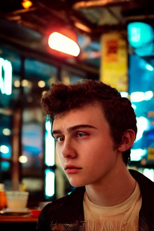 Image similar to an ultra high definition telephoto portrait cyberpunk 7 0 s diner film set photograph of a young man with short messy brown hair triangle head puffy cheeks narrow chin high cheek bones confused expression. wide angle close up. three point lighting. volumetric. refraction. imagined detail. soft focus ambient light sources. haze, light glare, art directed. filmic.