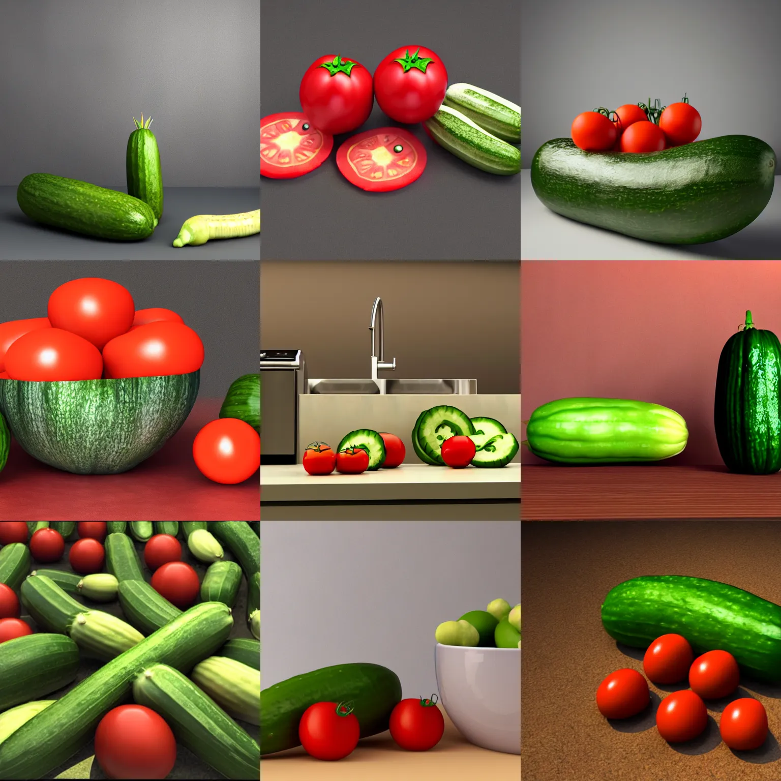 Prompt: 9 0 s 3 d render of a cucumber and tomato with faces next to the kitchen sink, dark kitchen, creepy lighting, y 2 k