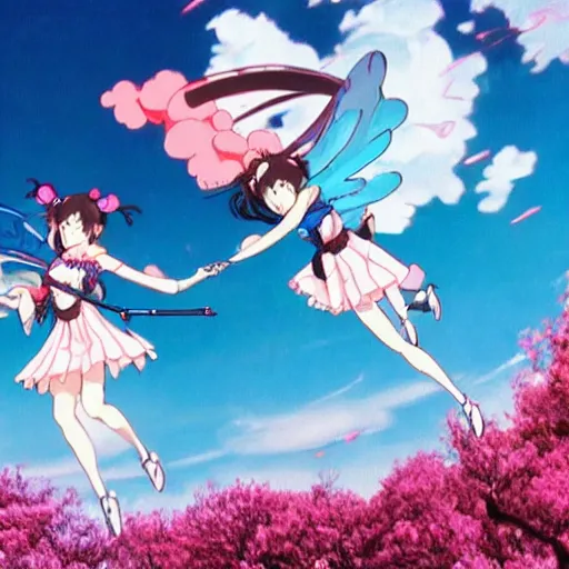 Prompt: a battle of two real-life mahou shoujo girl flying in the sky, still of an epic japanese movie scene