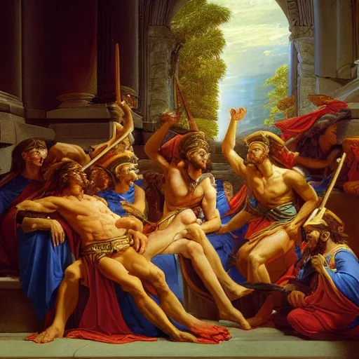 Prompt: Homeric mesmerizing inner sanctum of the most alluring venerable and beautiful truth, in the style of Jeff Easley, Jacques-Louis David, Ken Kelly, Élisabeth Vigée Le Brun, dramatic lighting, establishing shot, detailed and beautiful aesthetic faces, 8k resolution – W 1024