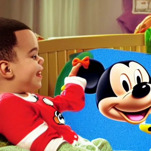 Image similar to Drake watching mickey mouse clubhouse on his tv and laughing