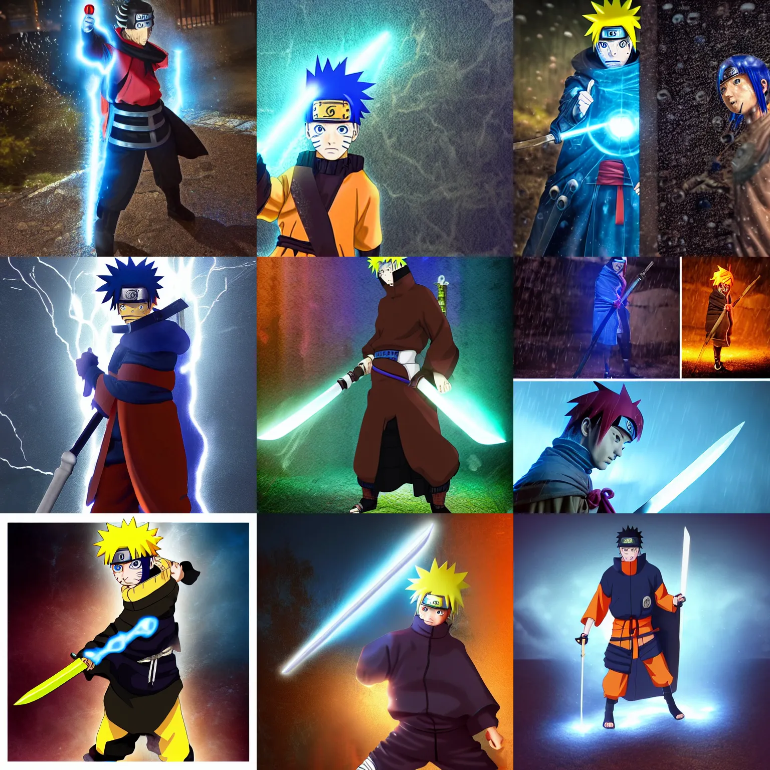 Prompt: naruto as a medieval knight staying in the rain with sword that glows with blue electricity shot from professional camera, ultra realistic, rim light, rainy weather, vivid lights night time