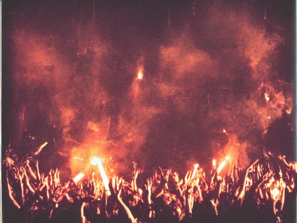 Image similar to 80s polaroid colour flash photograph of Rammstein concert pyrotechnics