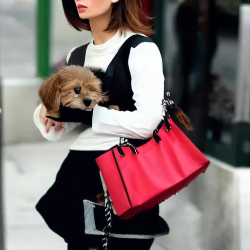 Prompt: A small dog in a fancy tote bag, fashion, vogue, magazine cover, celebrity, paparazzi, street