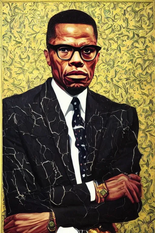 Image similar to Malcolm x, portrait by Kehinde Wiley!!, oil paint on canvas, brushstrokes,