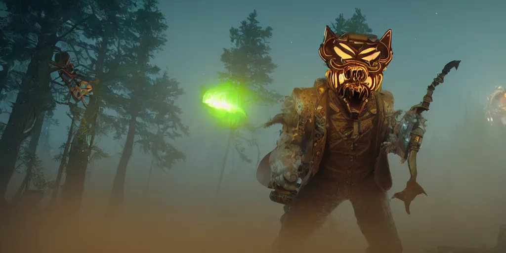 Image similar to woodsman wearing a steampunk and neonpunk mechanical fluorescent mystical animal mask in strange misty mountain landscape fight with werewolf, night, realism in style of fornite game, 4 k, octane render, award winning photograph, epic cinematic shot, perfectly defined features, ambient occlusion