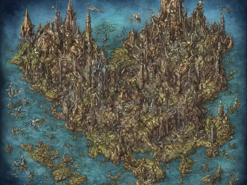 Image similar to an isometric disney dark fantasy map of a continent bordered by ocean by brian froud and hr giger