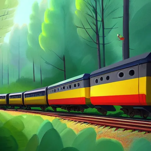 Image similar to a painting of a train traveling through a forest, a storybook illustration by goro fujita, deviantart, american scene painting, matte drawing, 2 d game art, speedpainting