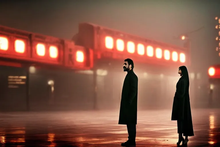 Image similar to film still of closeup beautiful model indian couple in blade runner 2 0 4 9, train station, cinematic, moody, gritty neon noir by emmanuel lubezki