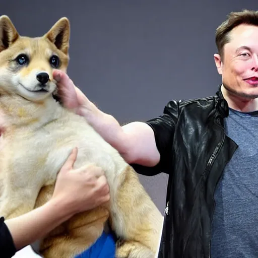 Image similar to elon musk holding a doge, photo by getty images