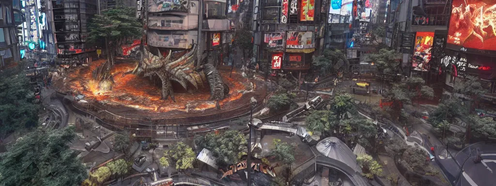 Image similar to large sinkhole in the middle of shibuya tokyo, with ancient glowing spiked wyvern flying creatures emerging from the hole, in the style of monster hunter world, like concept art on artstation, hyperdetailed, vray render, octane render,