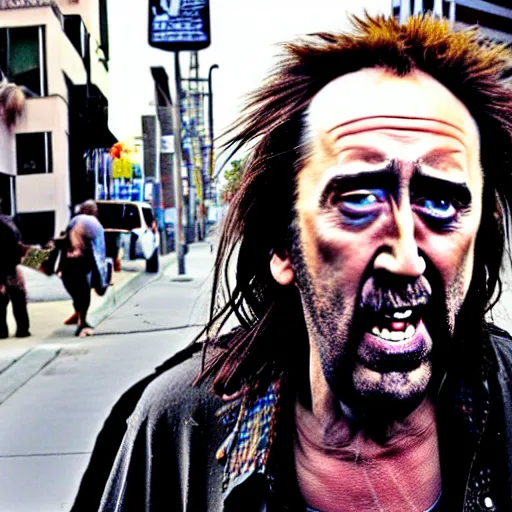 Image similar to uhd candid photo of dirty, homeless nicholas cage ranting maniacally in the street. skid row. correct face, accurate face, exaggerated features, intricate details, hyperdetailed, accurate face. photo by annie leibowitz