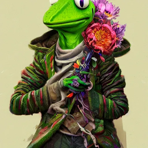 Prompt: painting of kermit the frog dressed with flowers, illustration, artistic, colorful, hyper detailed, in the style of Greg Rutkowski