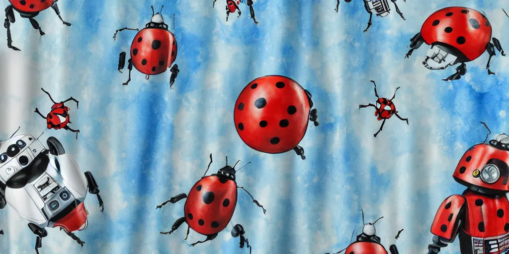 Image similar to shower curtain product catalog. wide - angle photo. on the curtain is a low - angle hero - shot watercolor of a ladybug robot. the robot has an epic fight with darth vader ( obi - wan kenobi ). the water color has ink under drawing. highly coherent, product photography of a shower curtain, product lighting. 4 k, highly detailed. saturated.