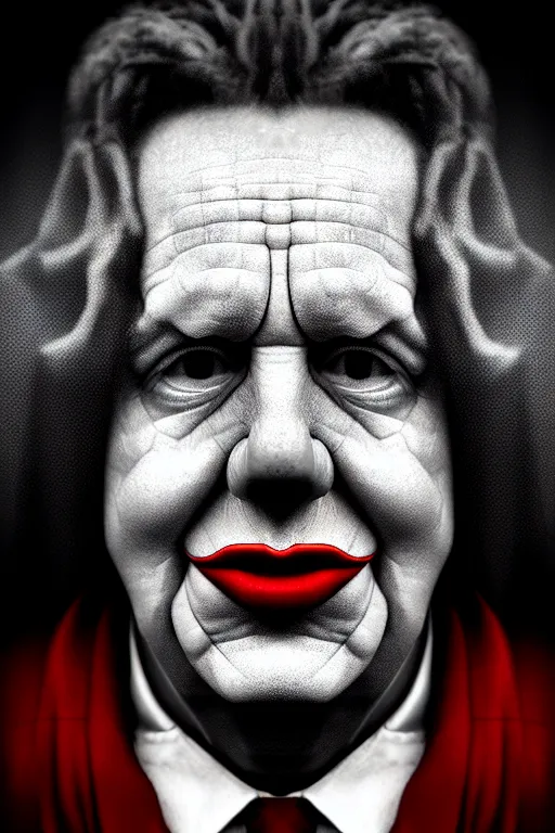 Prompt: DALL·E 2022-07-29 10.19.10 - dramatic portrait of ronald mcdonald in the style of lee jeffries, synthwave digital art, best on artstation