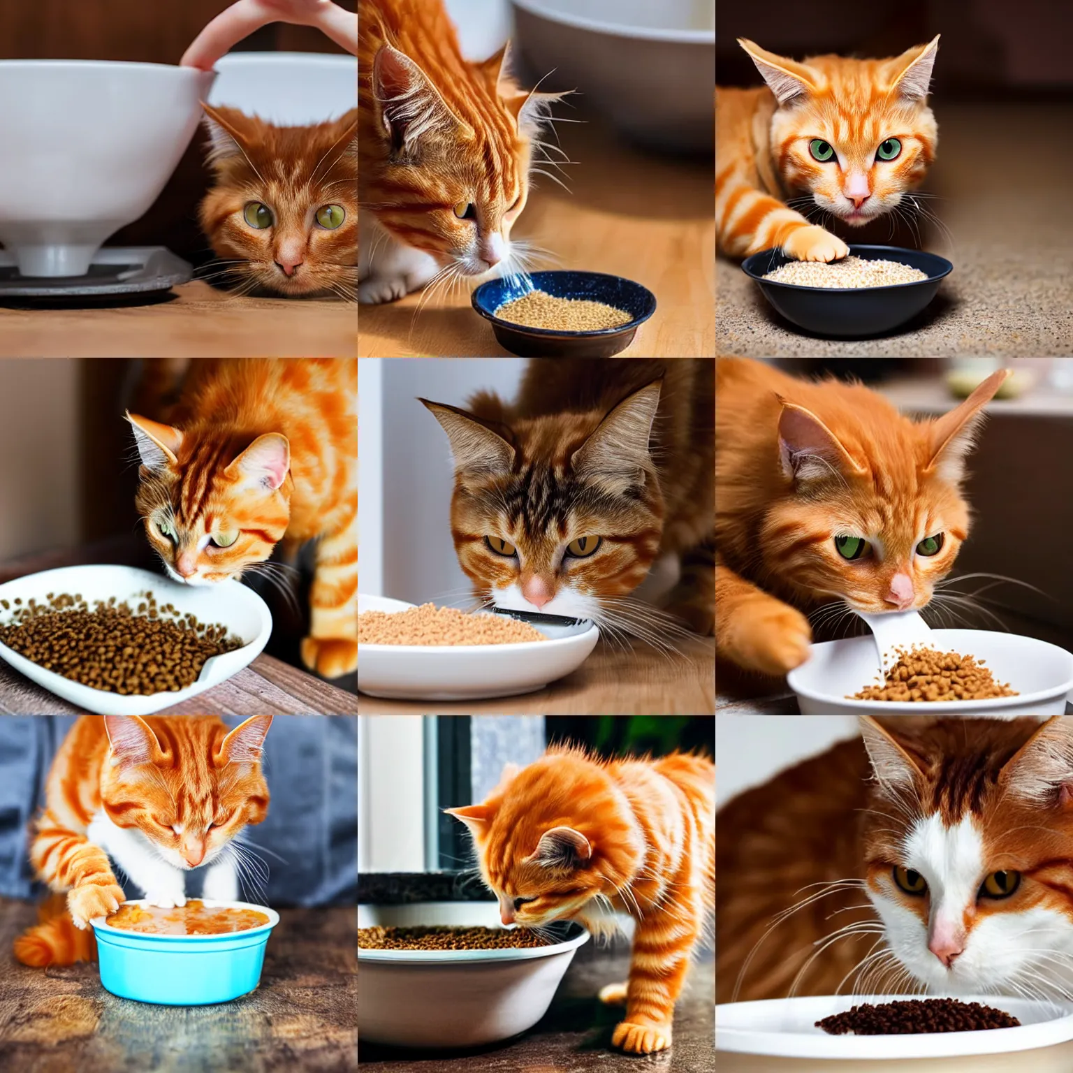 Prompt: ginger cat eating wet cat food from his bowl