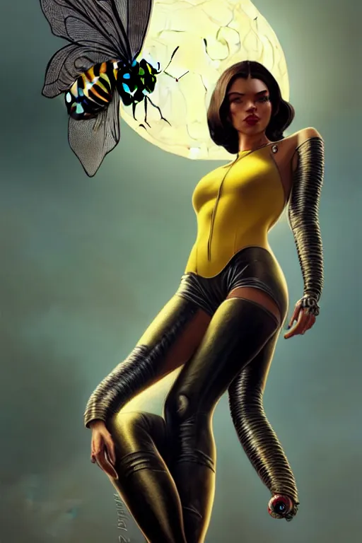 Image similar to gta 5 queen bee profile picture by greg rutkowski, cybernetic wings, dynamic pose, intricate, futuristic, fantasy, elegant, by stanley artgerm lau, greg rutkowski, thomas kindkade, alphonse mucha, loish, norman rockwell, fantasy lut, asymmetric, long hair, retro computer graphics, video game, fluid lines,