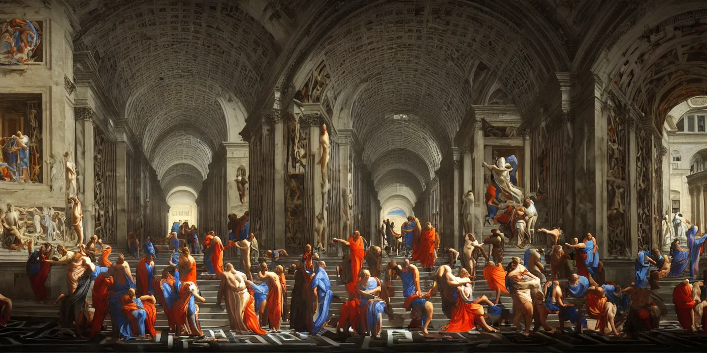 Image similar to the school of athens paiting, cyberpunk, hyper detailed, neon, concept art, award winning concept art