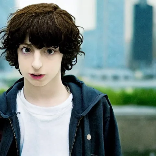 Prompt: a screenshot of finn wolfhard as l in death note ( the anime ) ( 2 0 0 6 ), anime, vhs quality