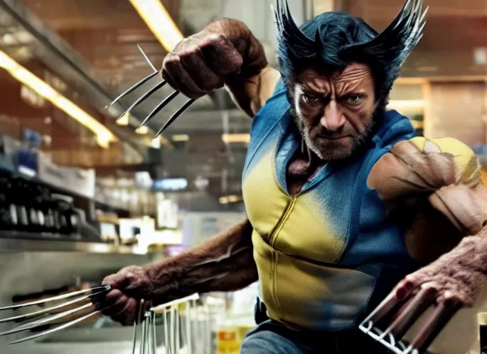 Prompt: film still of Wolverine going grocery shopping in the new X-Men movie, 4k