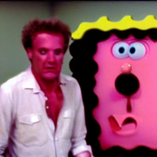 Prompt: a man that looks like spongebob squarepants in a scary boiler room, 1 9 8 0 s film still