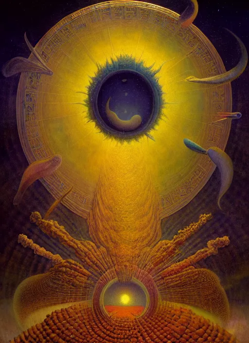 Prompt: antediluvian occult cosmology, panspermia, by robert hooke and ernst haeckel and agostino arrivabene and joaquin sorolla and martin johnson heade, rule of thirds, vivid colours, negative space, atmospheric, digital painting, artstation, concept art, smooth, sharp focus