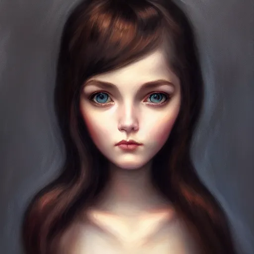 Prompt: a portrait of a beautiful waif girl gothic, bored, illustration, soft lighting, soft details, painting oil on canvas by margaret keane and artgerm, trending on artstation, 4k, 8k, HD