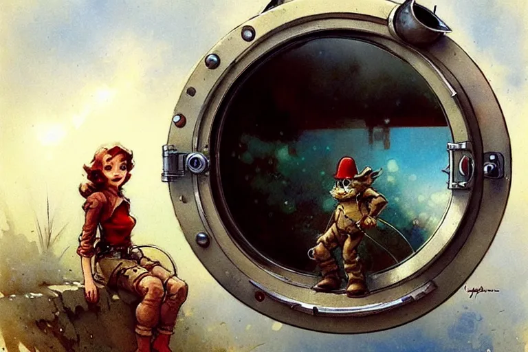 Prompt: adventurer ( ( ( ( ( 1 9 5 0 s retro future robot android time porthole portal window. muted colors. ) ) ) ) ) by jean baptiste monge!!!!!!!!!!!!!!!!!!!!!!!!! chrome red