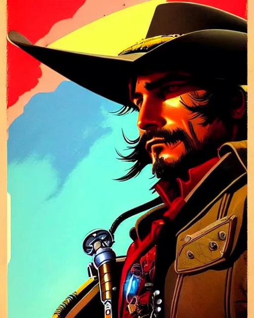 Prompt: mccree from overwatch, cyber cowboy, character portrait, portrait, close up, concept art, intricate details, highly detailed, vintage sci - fi poster, retro future, vintage sci - fi art, in the style of chris foss, rodger dean, moebius, michael whelan, and gustave dore