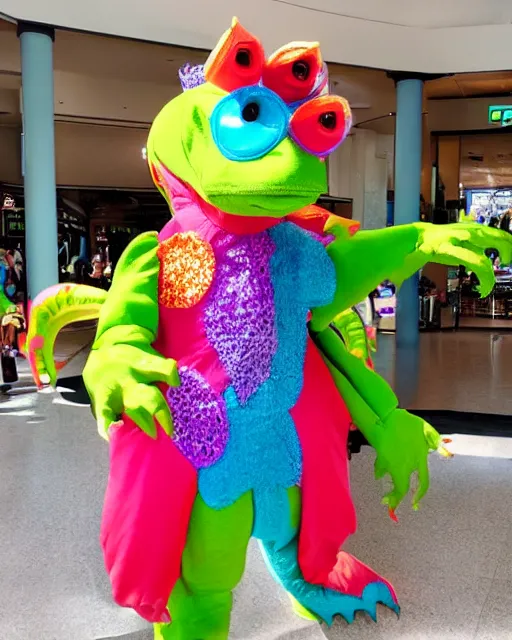 Prompt: a dinosaur wearing 80s clothes at the mall