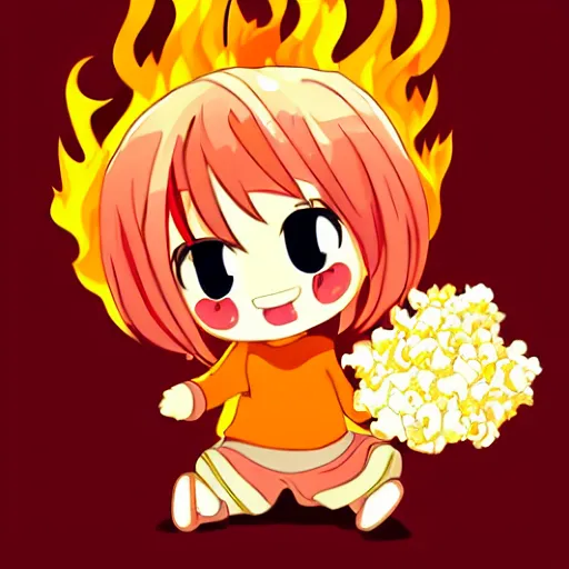 Prompt: vector anime chibi style character of a piece of fluffy popcorn with a smiling face and flames for hair, clean composition, symmetrical