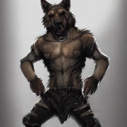 Image similar to a humanoid german shepherd beast - man, puts on jeans, artstation, concept art, smooth, sharp foccus ilustration, artstation