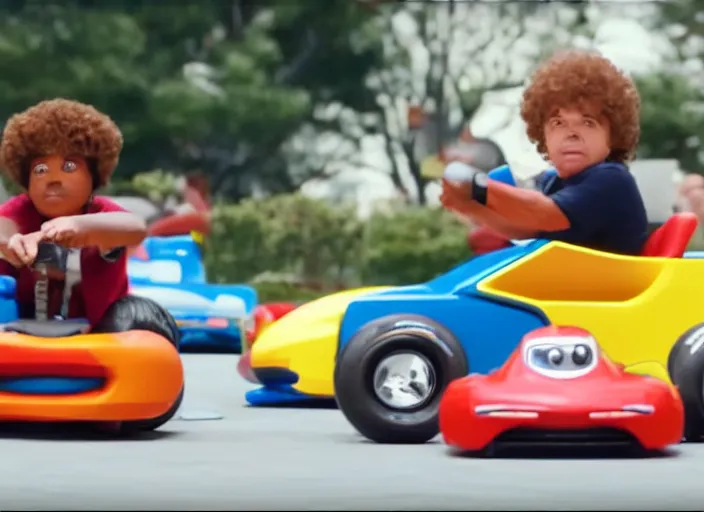 Prompt: peter dinklage racing emmanuel lewis driving a little tikes cars, movie still, from the new fast and furious movie, 8 k, realistic