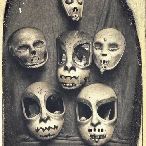 Prompt: macabre halloween masks daguerrotype rural area 1 8 9 0 s