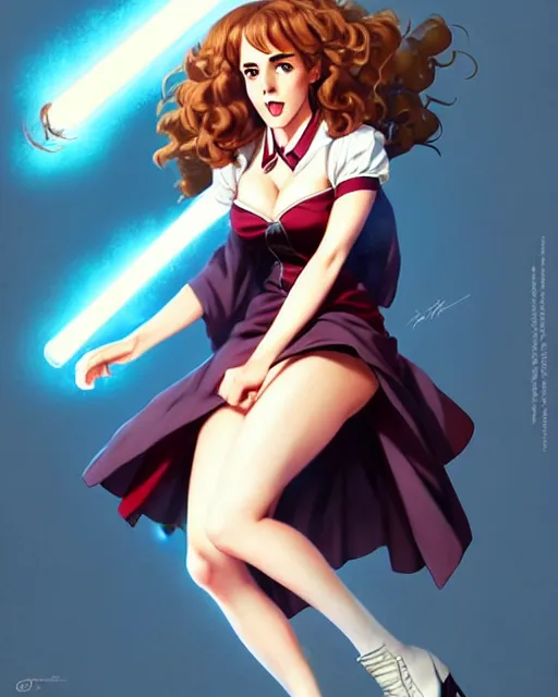 Prompt: pinup anime art of hermione granger by emma watson, hot hermione by a - 1 pictures, by greg rutkowski, gil elvgren, artgerm, enoch bolles, glossy skin, pearlescent, anime, very coherent, flat, ecchi anime style