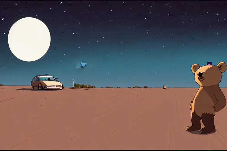 Image similar to a study of a cell shaded cartoon bear getting drunk on a desert road in front of a big moon, full body, wide shot, very muted colors, post grunge, studio ghibli, laurie greasley, highly detailed, deviantart, art by artgem