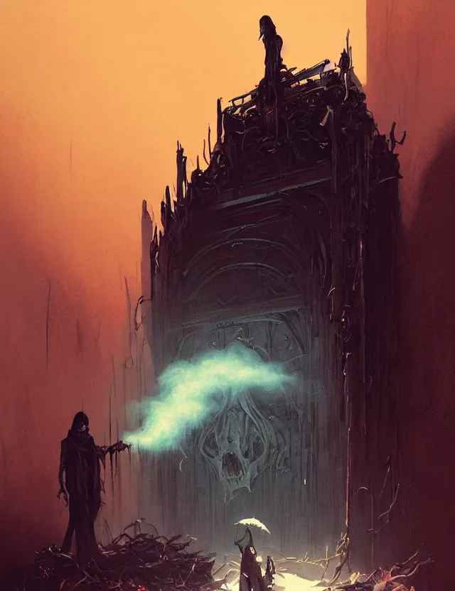 Image similar to sinister scary, afraid dark by greg rutkowski, ross tran, conrad roset, takato yomamoto, ilya kuvshinov huge gothic crematorium on desert planet, elevator, side ramp entrance ambulance smoke dead bodies, guards intricate, painting by lucian freud and mark brooks, bruce pennington, dark colors, neon, death, guards, nice style culture