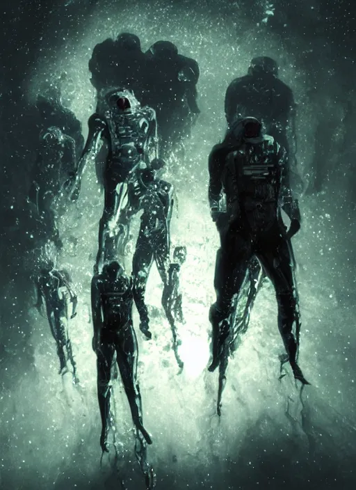 Image similar to astronauts in dark and empty void underwater - complex and hyperdetailed technical suit. reflection and dispersion materials. rays and dispersion of light. volumetric light. 5 0 mm, f / 3 2. noise film photo. flash photography. ultra realistic, wide angle. poster by wayne barlowe, hajime sorayama aaron horkey, craig mullins