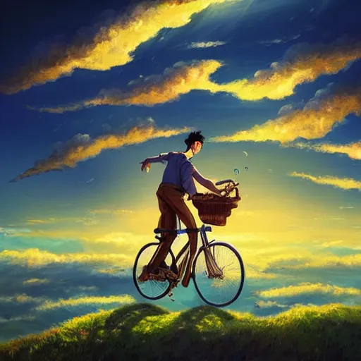 Prompt: A whimsical painting of a happy man flying in the sky on his bicycle in the clouds, beautiful flowing feeling, sunset, dramatic angle, realistic and detailed, by studio trigger, pixiv dslr photo by Makoto Shinkai rossdraws and Wojtek Fus